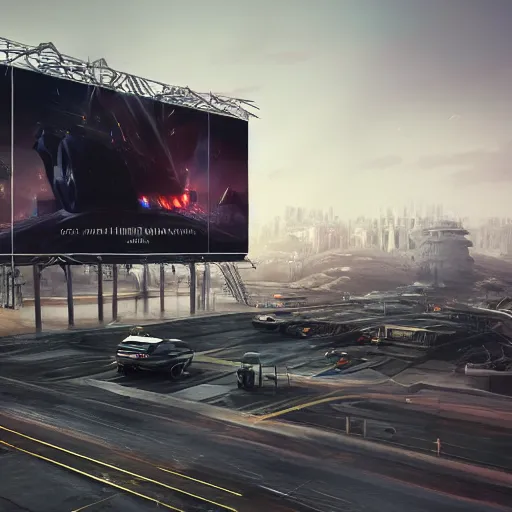 Prompt: sci-fi cars : wall near structure on : the coronation of napoleon painting : and digital billboard in the middle, unreal engine 5, keyshot, octane, artstation trending, ultra high detail, ultra realistic, cinematic, 8k, 16k, in style of zaha hadid, in plastic, dark, tilt shift,