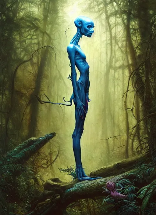 Image similar to hyper realistic magic alien in the woods in a river gorgeous lighting, lush forest foliage blue sky a hyper realistic painting by chiara bautista and beksinski and norman rockwell and greg rutkowski, tom bagshaw weta studio, and lucasfilm