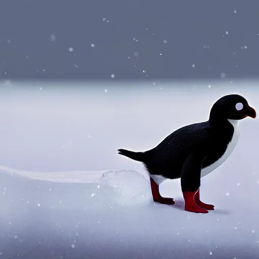 Prompt: hyperrealistic photo of pingu in real life, an arctic wildlife photographer's picture, extremely detailed, impressive shading, snowscapes in the beakground