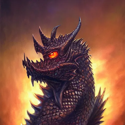 Image similar to oil painting of dragon, dnd dragon, fantasy, realistic textured scales, portrait, glowing eyes, sharp focus, artgem, boris valejo, frank frazetta, heavy metal style, trending on artstation, digital painting, julie bell, beautiful, very detailed,