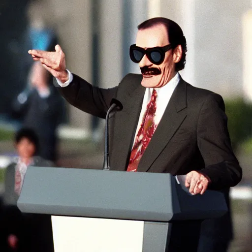 Image similar to president waluigi, real, 1 9 9 3, still, photograph, photo, speech