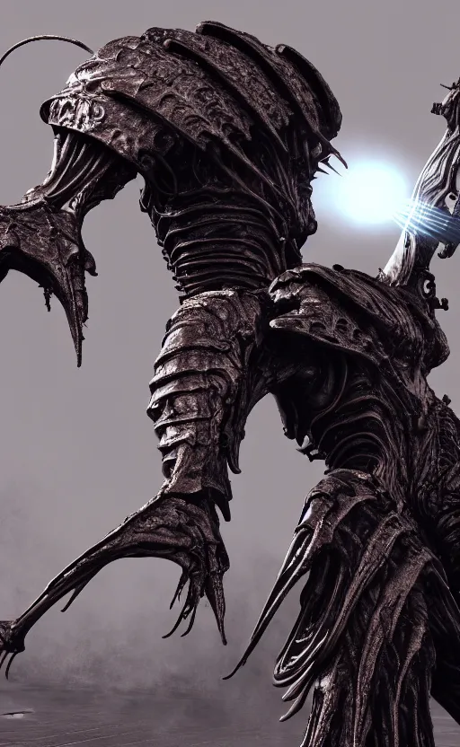 Image similar to futuristic alien with lasers eldenring boss. fromsoftware, dark souls, eldenring, screenshot, extremely detailed, insanely detailed, realistic, zbrush, horror, bloodbourne, full body concept