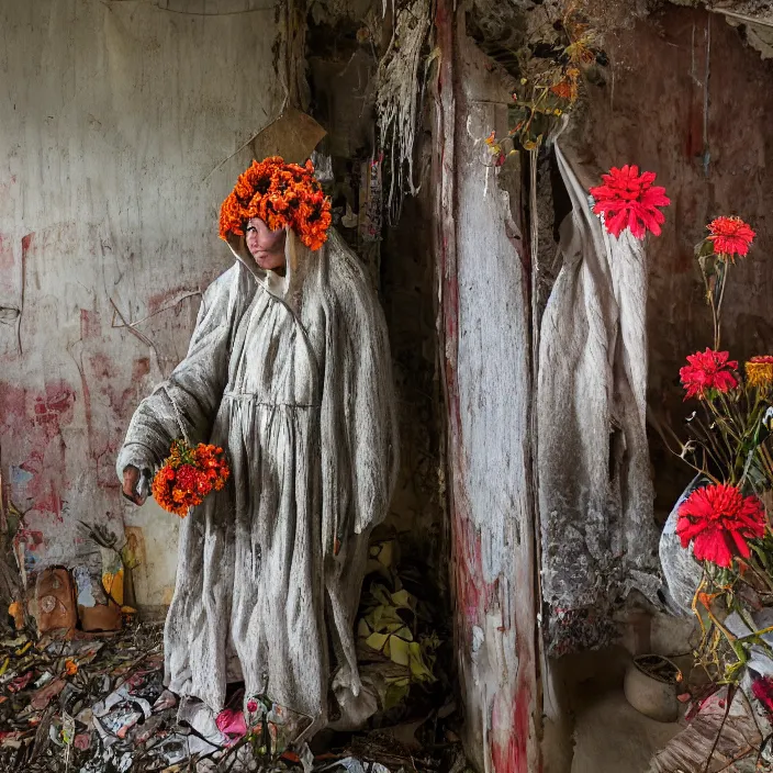 Prompt: a woman wearing a hooded cloak made of zinnias and barbed wire, in a derelict house, by Erik Almas, natural light, detailed face, CANON Eos C300, ƒ1.8, 35mm, 8K, medium-format print