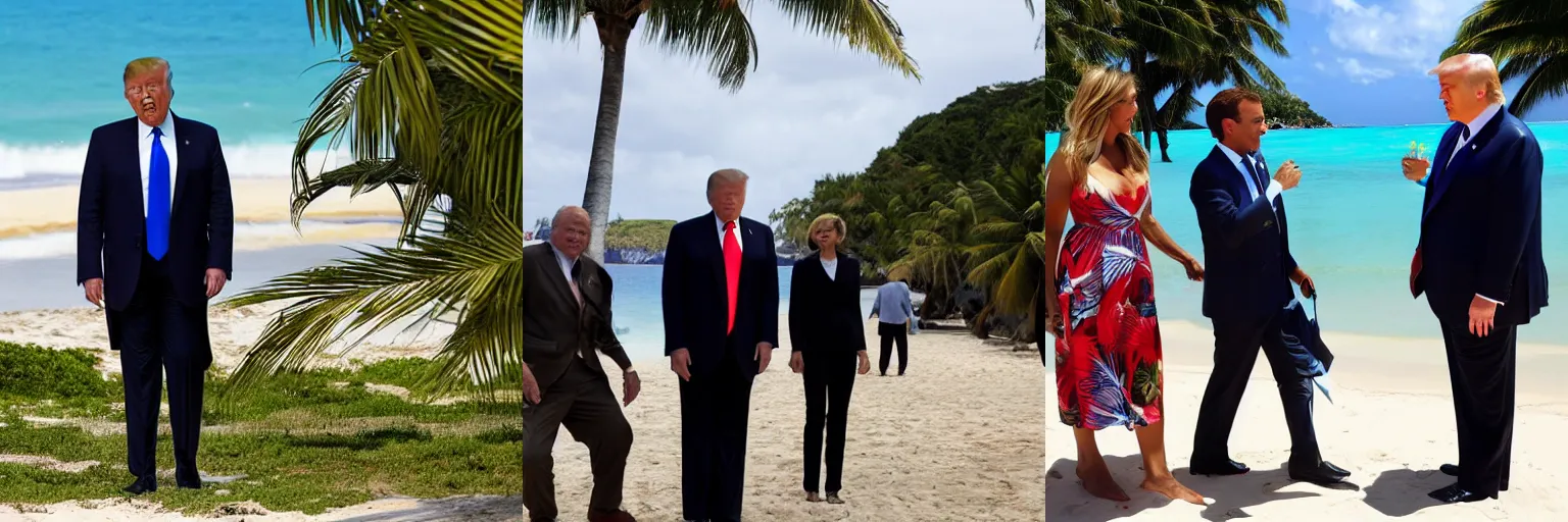 Prompt: donald trump on holiday president macron tropical island