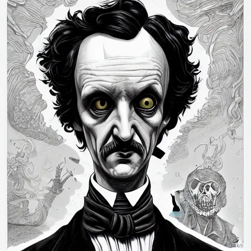 Prompt: edgar allan poe as an alien, realistic, extremely detailed, sharp focus, wide view, smooth, digital illustration, by james jean, by rossdraws, frank franzzeta, mcbess, sakimichan, brosmin, danton fadeev, steve simpson