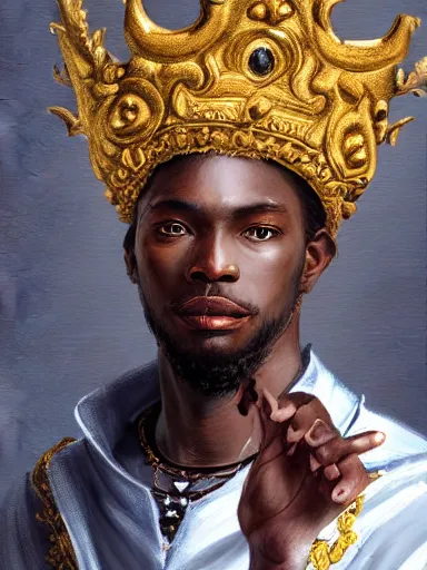 Image similar to rococo portrait of a black prince wearing a golden crown with pastel flowers, symmetrical, realistic, 8 k, artstation, digital painting, art by krenz cushart, kehinde wiley, artgem