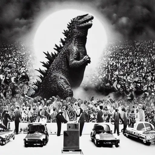 Image similar to Godzilla in the background of a Beatles concert, HD, high resolution, hyper realistic, 4k, intricate detail