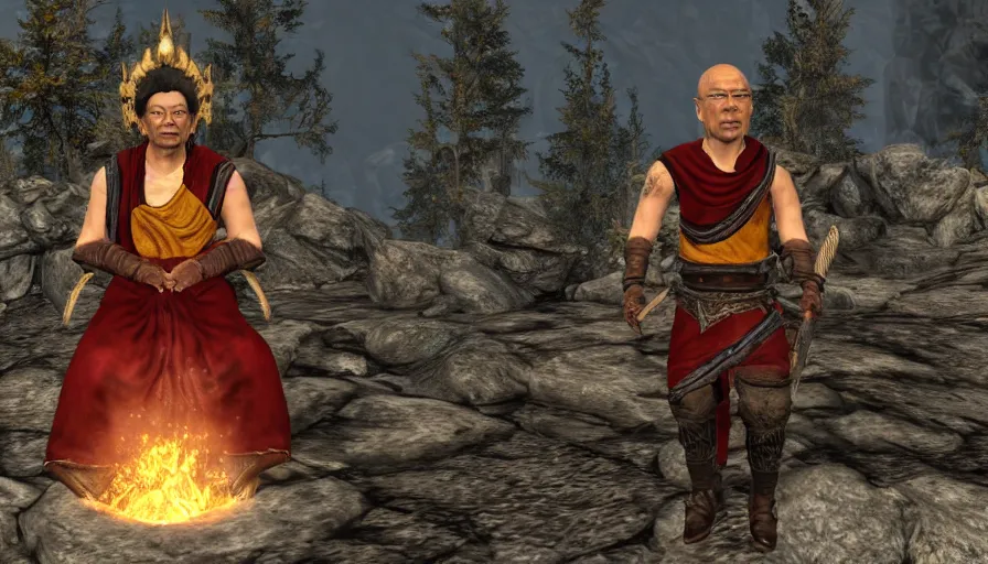 Image similar to skyrim character screenshot of the dalai lama, enb, 4 k, bokeh, beautiful, detailed