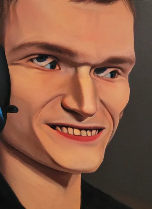 Prompt: vitalik buterin in headphones. vitalik buterin, close up, perfect symmetric face, coherent eyes, cute happy face, fine details., 4 k, hans zatska, oil paint