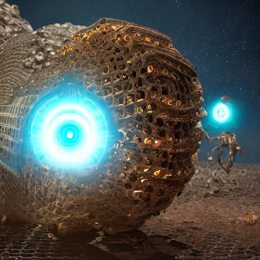 Prompt: trapped cosmic deities with eyes made of interstellar stargates with molten honeycomb structure, intricate detail, royo, whealan, giger, hd, 8 k, octane render, unreal engine,