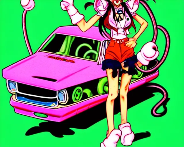 Prompt: high - quality anime catgirl in rat fink style by ed roth, crazy bulging eyes janky teeth riding in a hot rod, road rage, inspired by rat fink hot rods and 8 0 s bishoujo anime, vhs filter