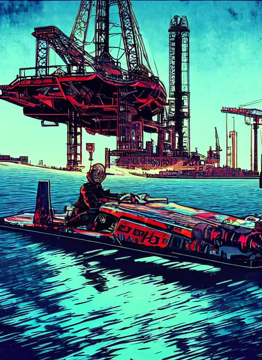 Prompt: cyberpunk soviet blackops on the skiff. oil rig in the background. portrait illustration, pop art, art by ashley wood, alphonse mucha, laurie greasley and josan gonzalez. cinematic. dynamic lighting. realistic proportions. creative design. cell shading