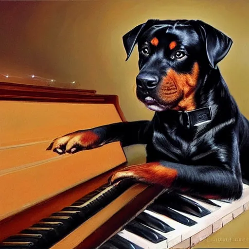 Prompt: rottweiler playing the piano, oil painting, artgerm, portrait, highly detailed, artstation