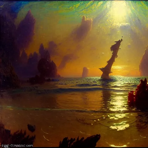 Prompt: i am at the bottom of the ocean looking up, see fishes swimming, the milk way up above, night time, midnight. highly detailed painting by gaston bussiere, greg rutkowski 8 k