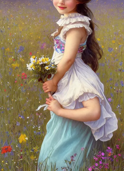 Image similar to a cute little girl with a round cherubic face, blue eyes, and short wavy light brown hair smiles as she stands in a field of colorful wildflowers. she is wearing a turquoise dress and holding a bouquet of wildflowers. beautiful painting by artgerm and greg rutkowski and alphonse mucha