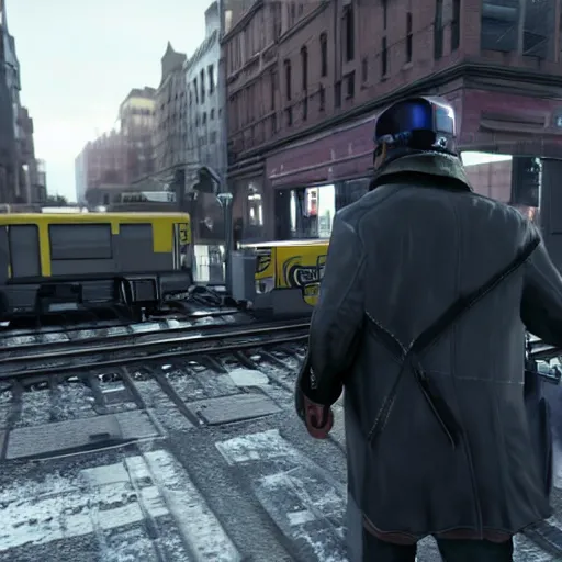 Prompt: Watch dogs game Aiden Pearce running towards a train in movement while policement chases him