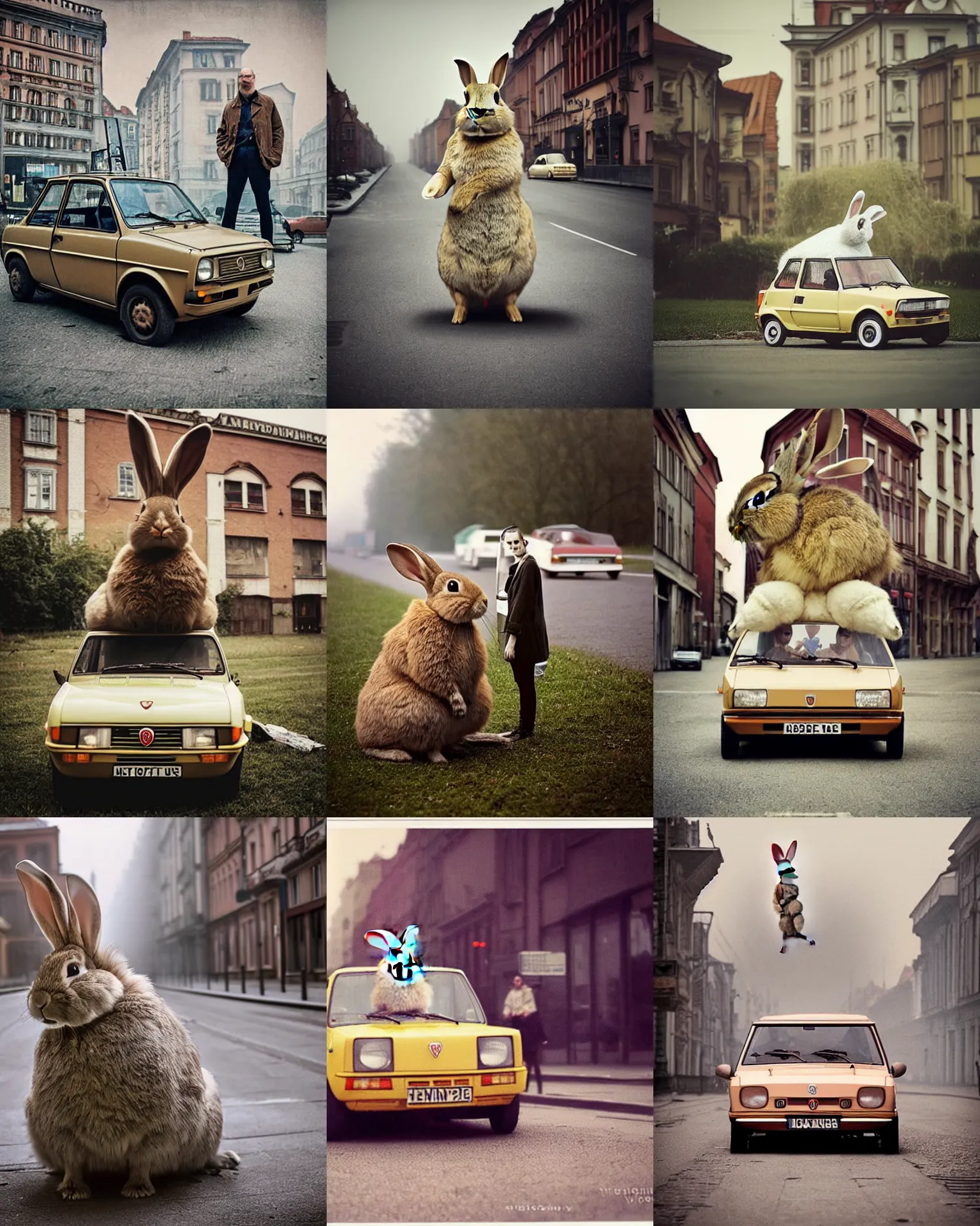 Prompt: real rabbit!!! giant oversized real rabbit, in legnica, full body, in background : tiny min undersized fiat 1 2 6 p, cinematic focus, polaroid photo, vintage, neutral dull colors, soft lights, foggy mist, by oleg oprisco, by thomas peschak, by discovery channel, by victor enrich, by gregory crewdson