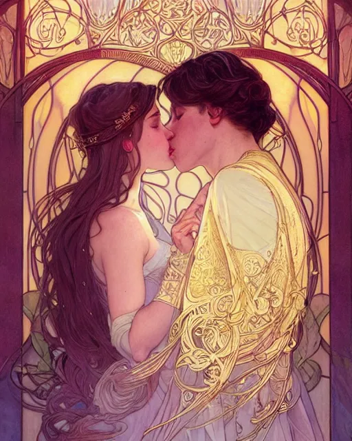 Image similar to the kiss | highly detailed | very intricate | art nouveau | gold filigree | romantic storybook fantasy | soft cinematic lighting | award - winning | disney watercolor illustration by mandy jurgens and alphonse mucha and alena aenami | pastel color palette | featured on artstation