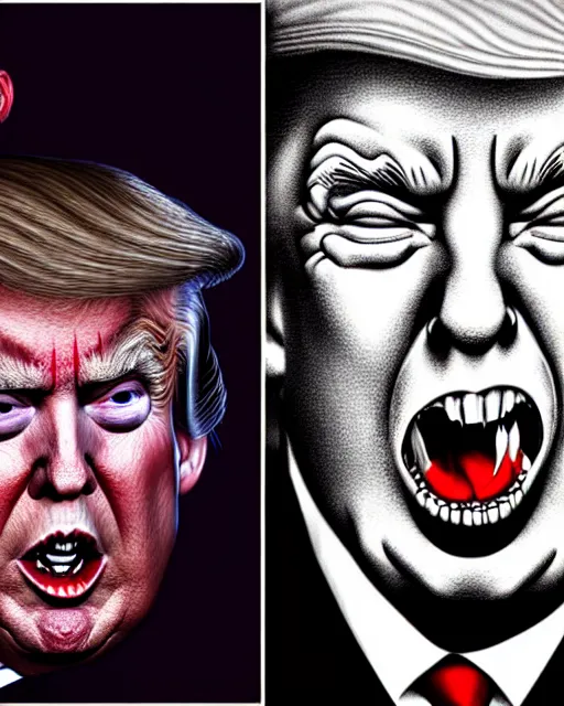 Image similar to donald trump as dracula with fangs out, character portrait, close up, concept art, intricate details, hyperrealism, photorealistic, in the style of otto dix and h. r giger