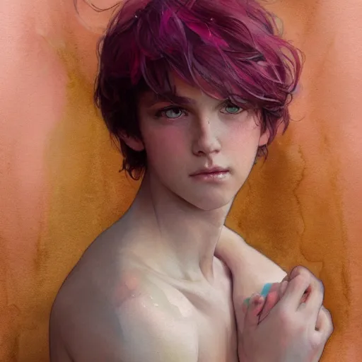 Prompt: young boy, pink hair, light eyes, gorgeous, amazing, delicate, elegant, intricate, highly detailed, watercolor, portrait, artstation, concept art, sharp focus, illustration, art by artherm and greg rutkowski and alphonse mucha