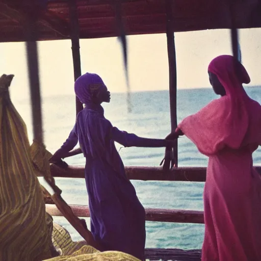 Image similar to friends in somalia, writing poetry, vintage, studio ghibli, nature, beach, beautiful, happy, dreamy, pastel