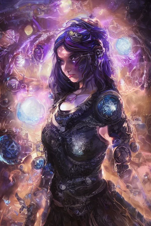 Image similar to Path of Exile, Maven, blue eyes female image with silver purple hair among colourful lights, dark blue spheres fly around, Anachronism, painting, dark fantasy, steampunk, 4k