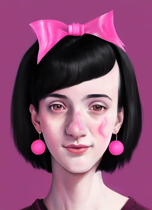 Image similar to portrait of high school girl, realistic, black hair, bangs, half updo hairstyle, pointy nose, skinny, smile, ugly, defined jawline, big chin, pink hair bow, earrings, intricate, elegant, glowing lights, highly detailed, digital painting, artstation, sharp focus, illustration, art by wlop, mars ravelo and greg rutkowski