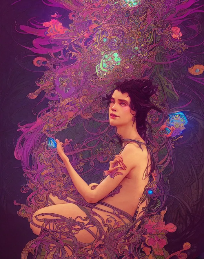 Image similar to psychedelic acid trip, blacklight reactive, fantasy, intricate, elegant, highly detailed, digital painting, artstation, concept art, matte, sharp focus, illustration, art by Artgerm and Greg Rutkowski and Alphonse Mucha