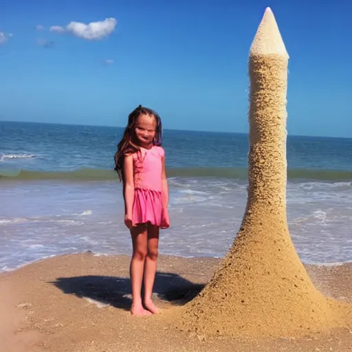 Prompt: a huge tower of sand on the beach a little girl standing next to it