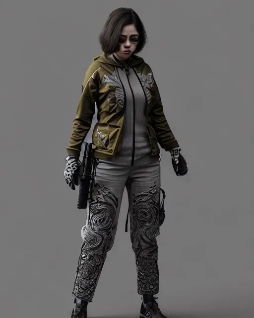 Prompt: z brush art of a female female urban hunter, vray render, marvelous designer clothing, intricate, detailed, 4 k textures