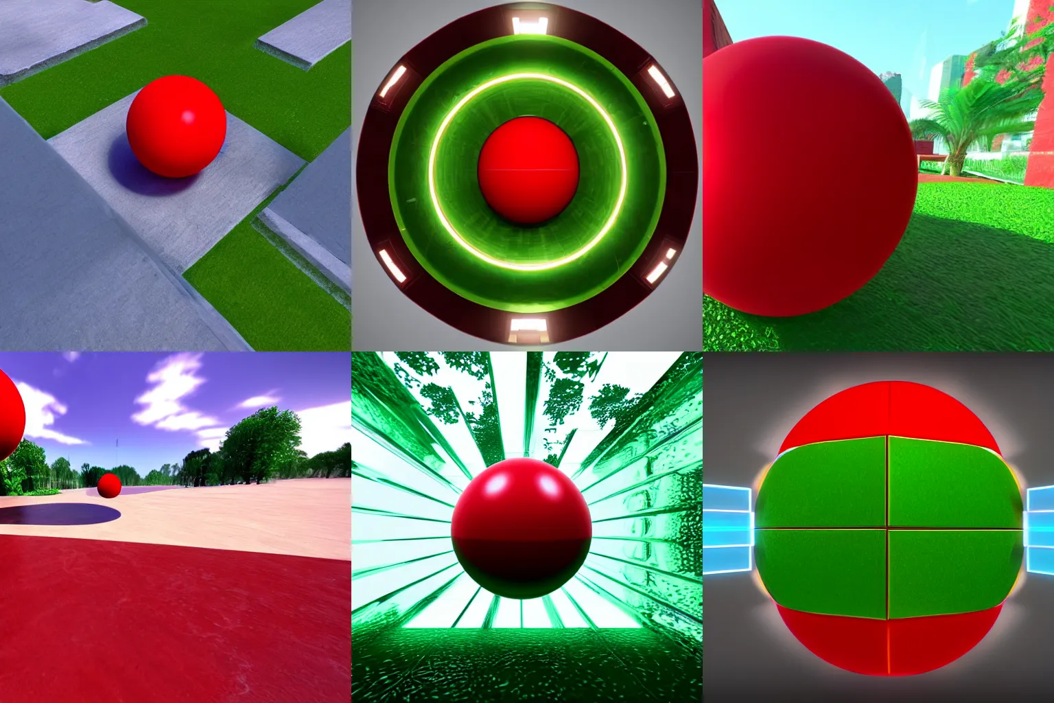 Prompt: a red sphere balanced on a green cube, with mirrors on both sides. Unreal engine. 4k