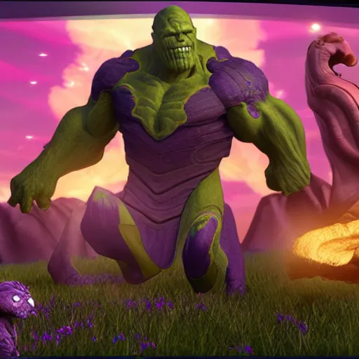 Image similar to Thanos as a creature in spore, in game screenshot, 4:3 ratio