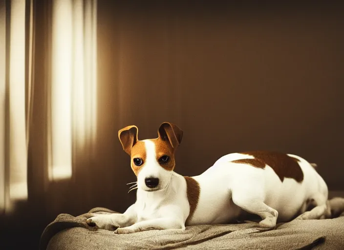 Image similar to photography of a jack russel. watching outside the window. on a bed. in a vintage room full of vinyls and posters, volumetric light, photorealistic, award winning photo, 1 0 0 mm, sharp, high res