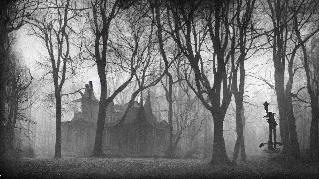 Image similar to An epic photo of a gloomy Victorian mansion in dark forest with hangman by Diane Arbus and Louis Daguerre. highly detailed. 85mm, Bokeh