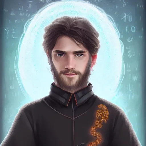 Prompt: a young, well-to-do wizard in fine attire embroidered with runes. portrait, clean haircut, 8k resolution, full-length portrait, digital painting, fantasy illustration, D&D character art