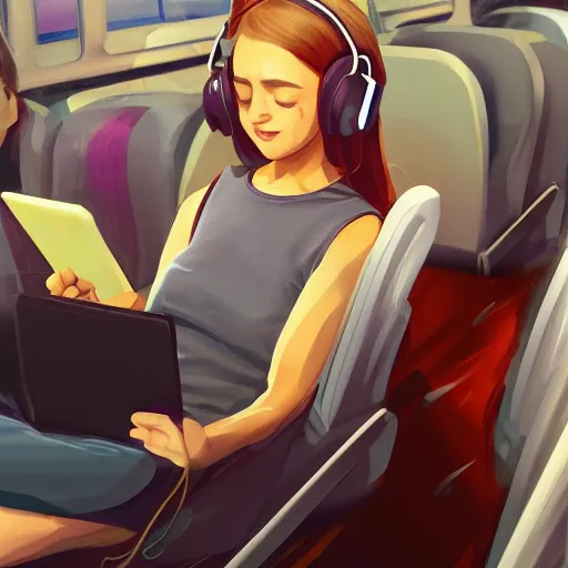 Image similar to a JK Girl listening to music on the bus, artstation, professional, very detail