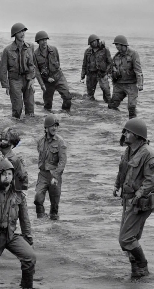 Image similar to charlie day, rob mcelhenney, glenn howerton, kaitlin olson, and danny devito are storming the beaches of normandy, 1 9 4 5, black and white, horrorscape