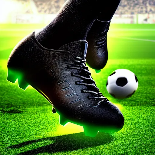 Image similar to a closeup photorealistic photograph of a black soccer boot kicking a green and black soccer ball, fantastic four theme.. bright scene. fine detail. this 4 k hd image is trending on artstation, featured on behance, well - rendered, extra crisp, features intricate detail, epic composition and the style of unreal engine.