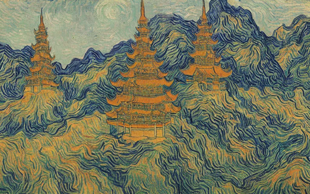 Image similar to twin ornate chinese buddhist pagodas in a beautiful chinese landscape by vincent van gogh