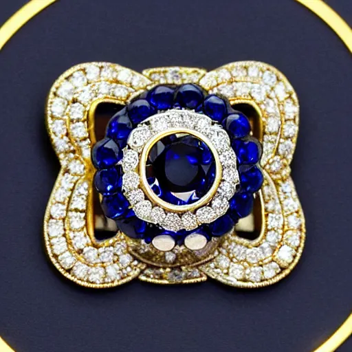 Image similar to white box commercial photography of a brooch jewel, with diamond shape, deep dark blue sapphire, gold ornaments and curves, 8 k, hires close up, high aperture, white background, pinterest, artstation