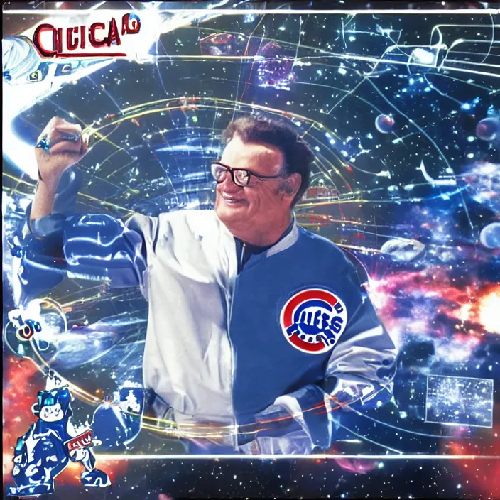 Image similar to a sci - fi hologram of chicago cubs announcer harry caray in space, universe, lasers, galaxy, cyberpunk