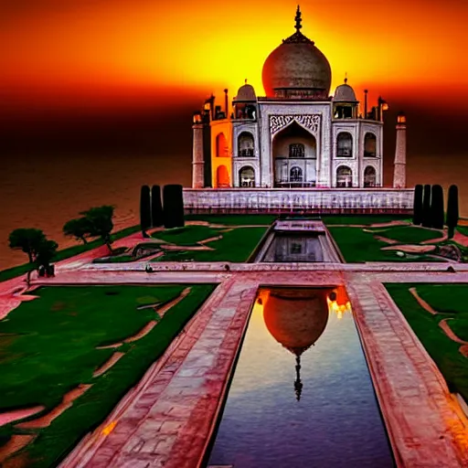 Prompt: Taj Mahal made of cheese, sunset, photo, national geographic