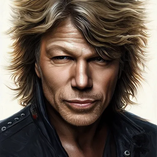 Image similar to john bon jovi portrait, intricate, highly detailed, digital painting, artstation, concept art, smooth, sharp focus, illustration, unreal engine 5, 8 k, art by artgerm and greg rutkowski and alphonse mucha