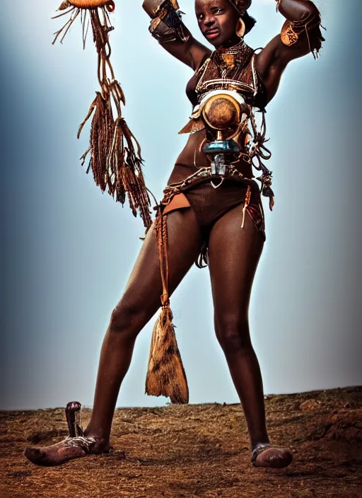 Prompt: old vintage full body photo of African ancient shaman female on the complex big steam punk hooverboard with antigravity engine, extreme sports photography , dynamic photography,clean symmetrical face, high speed,dirt and grawel flying in the spot, lens flares, dust in the air, dramatic lighting, intricate, highly detailed, centered, smooth, sharp focus, sports photography, old photo, black and white, sepia, cinematic lighting, cinematic angle, national geographic