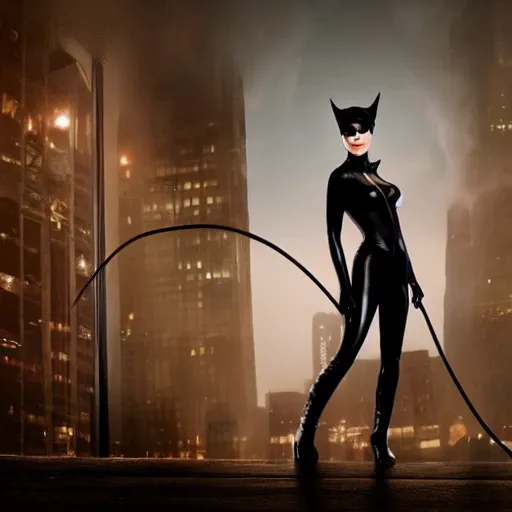 Image similar to real-life Catwoman, cinematic, Low angle, atmospheric fog and lighting, directed by Michael Bay, high detail, 8K, movie still