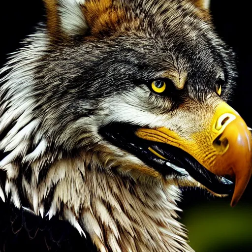 Prompt: a wolf eagle!!! hybrid!!, bold natural colors, masterpiece, trending on artstation, photograph, national geographic