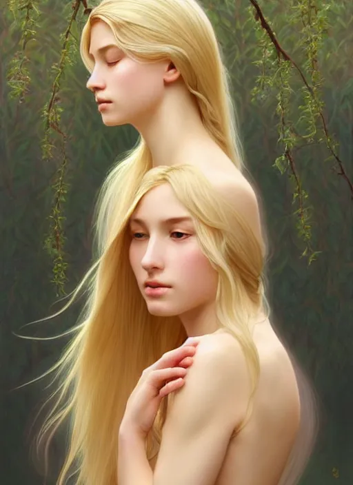 Prompt: perfectly feminine face meditation!! murky lighting, wind blowing, full body portrait of young fairy goddess blessed by nature with ever - increasing physical mental perfection, blonde, symmetrical! intricate, sensual, highly detailed, biblical divine holy perfection!! digital painting, artstation, concept art, smooth, sharp focus, by artgerm and greg rutkowski and alphonse mucha