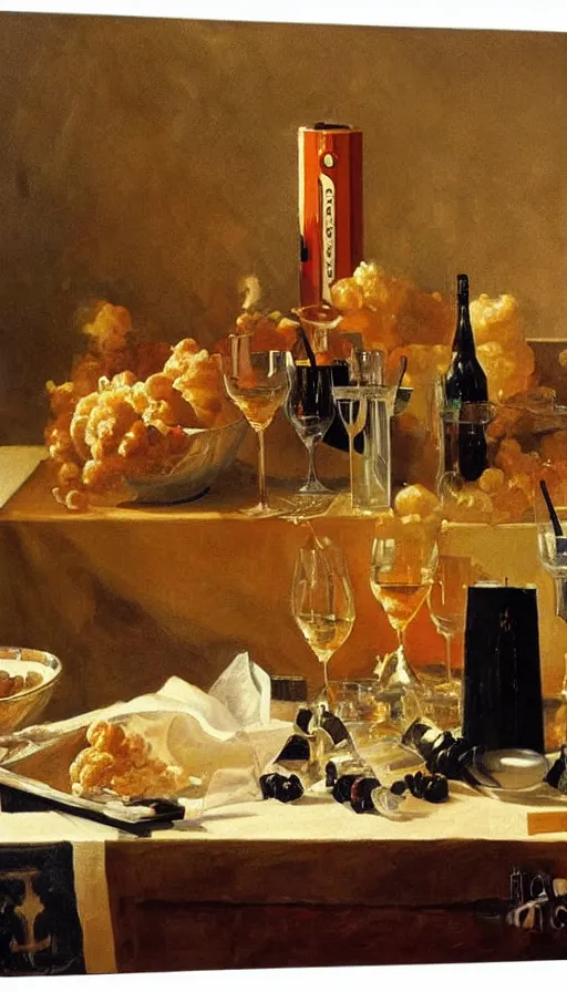 Prompt: still life painting of party hit by nuclear missile, by Peder Krøyer, golden hour, dramatic lighting, epic, gargantuan, intricate detail, canvas print