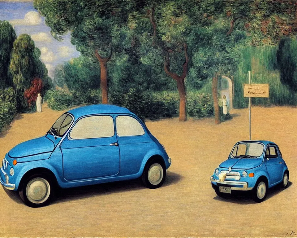 Prompt: achingly beautiful painting of a fiat 5 0 0 by rene magritte, monet, and turner. whimsical.