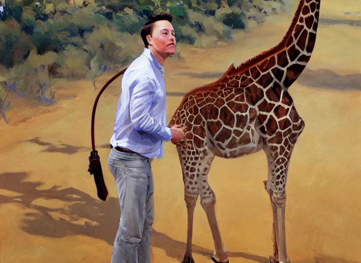 Image similar to a highly detailed beautiful portrait of elon musk with a giraffe, by gregory manchess, james gurney, james jean